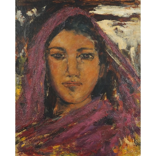 912 - Head and shoulders portrait of an Eastern girl, post impressionist oil on canvas, bearing an indisti... 