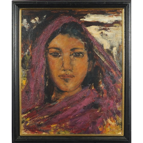 912 - Head and shoulders portrait of an Eastern girl, post impressionist oil on canvas, bearing an indisti... 