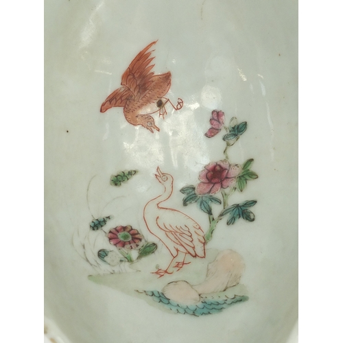 185a - Chinese porcelain sauce boat, hand painted in the famille rose palette with flowers, 24cm in length