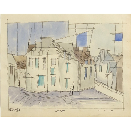 2443 - Abstract composition, figures in a street, German school ink and watercolour, bearing a signature Fe... 