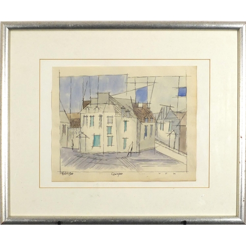 2443 - Abstract composition, figures in a street, German school ink and watercolour, bearing a signature Fe... 