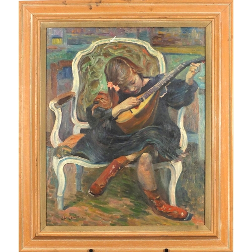 2151 - Young girl in a chair playing a mandolin, French school oil on board, bearing a signature C H Camion... 