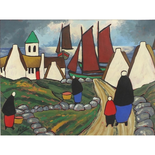 2155A - Figures and buildings before water, Irish school gouache, bearing a signature Markey, mounted and fr... 