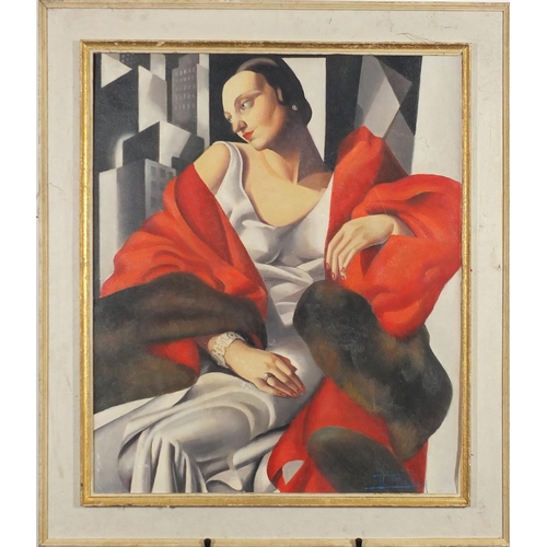 2315 - After Tamara de Lempicka - Portrait of an Art Deco female, oil on board, framed, 59cm x 49.5cm