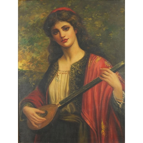 2269 - Portrait of a female playing a musical instrument, Pre-Raphaelite school oil on board, bearing a mon... 