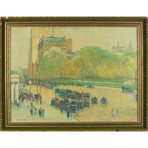 2187 - Parisian street scene with figures, oil on board, bearing a signature C Pissazzo, framed, 60cm x 44c... 