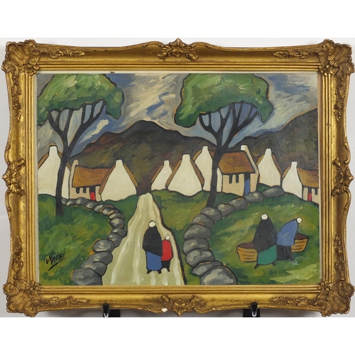 2147 - Figures and buildings before mountains, Irish school oil on card, bearing a signature Markey, framed... 