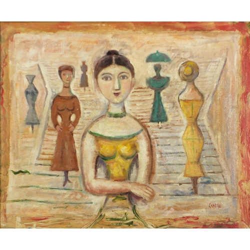 2183 - Abstract composition, five figures, Italian school oil on board, bearing a signature Campigi, framed... 