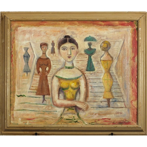 2183 - Abstract composition, five figures, Italian school oil on board, bearing a signature Campigi, framed... 