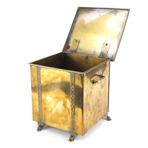 812 - Arts & Crafts brass coal box with hoof feet, 32cm high
