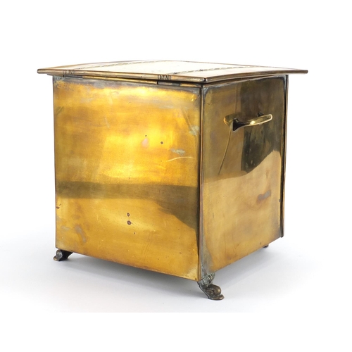812 - Arts & Crafts brass coal box with hoof feet, 32cm high