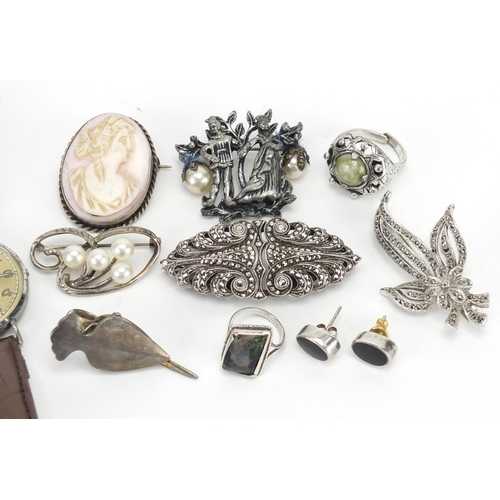 354 - Silver and white metal jewellery including a marcasite two piece brooch, cameo brooch and Lancet wri... 
