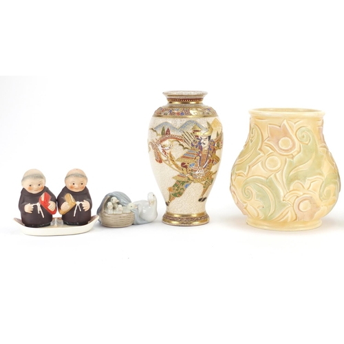 496 - China including a pair of Japanese Satsuma vases, a Wade Heath vase, Lladro duck group and Goebel mo... 