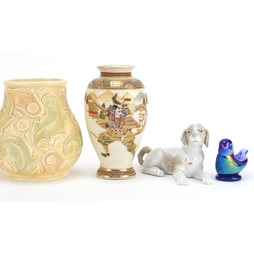 496 - China including a pair of Japanese Satsuma vases, a Wade Heath vase, Lladro duck group and Goebel mo... 