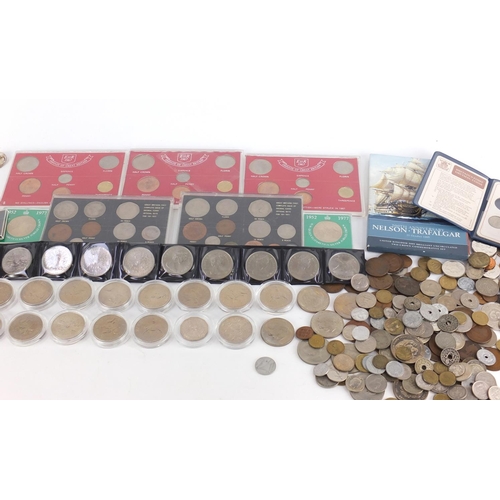 621 - British and World coinage and silver plated cutlery including commemorative crowns and uncirculated ... 