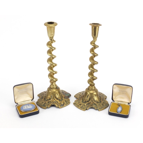 732 - Pair of Victorian brass candlesticks and a Wedgwood Jasper Ware brooch and pendant on chain