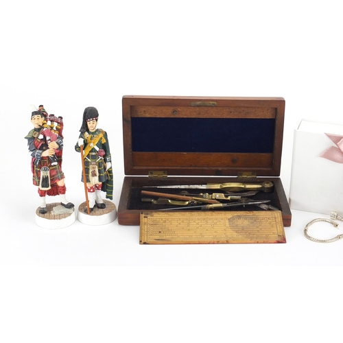 651 - Objects including hand painted Military figures, Pandora box and drawing instruments