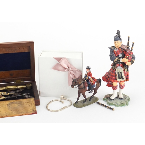 651 - Objects including hand painted Military figures, Pandora box and drawing instruments