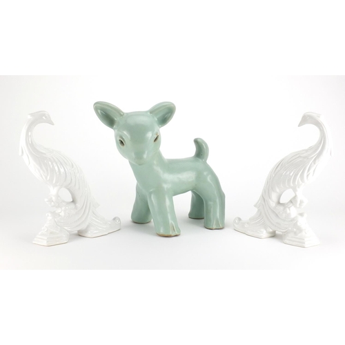 471 - Large Denby lamb and a pair of Art Deco style peacock bookends, the largest 27.5cm high