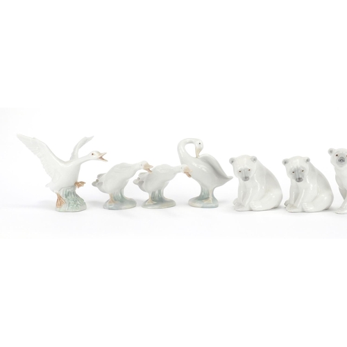 2260 - Ten Lladro figures comprising five polar bears, eskimo with bear cub and four geese, the largest 10c... 