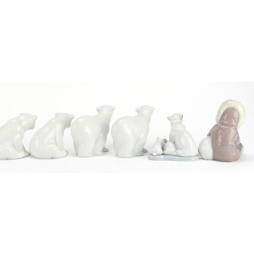 2260 - Ten Lladro figures comprising five polar bears, eskimo with bear cub and four geese, the largest 10c... 