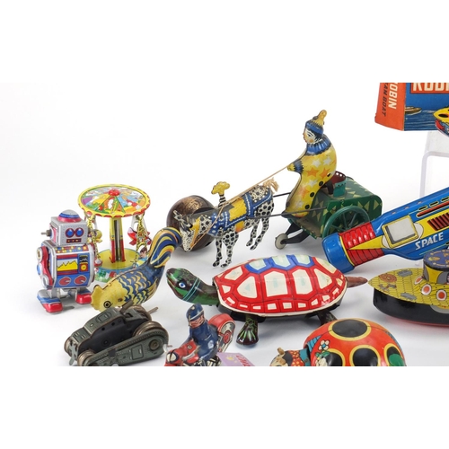 2439 - Vintage and later mostly tin plate clock work toys including vehicles, animals and robots