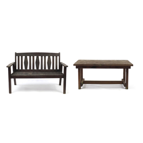 191 - Teak garden bench with coffee table, the bench 27cm in length