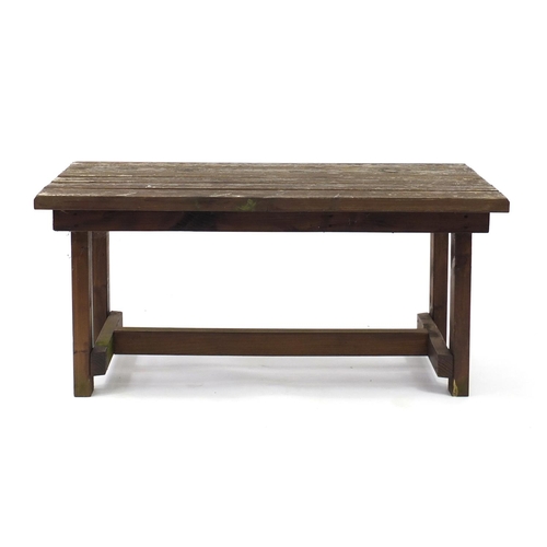 191 - Teak garden bench with coffee table, the bench 27cm in length