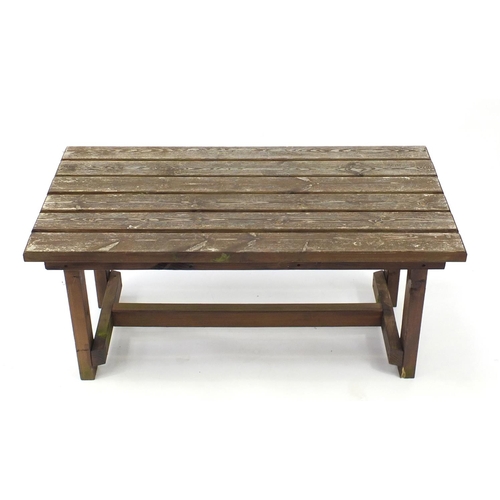 191 - Teak garden bench with coffee table, the bench 27cm in length