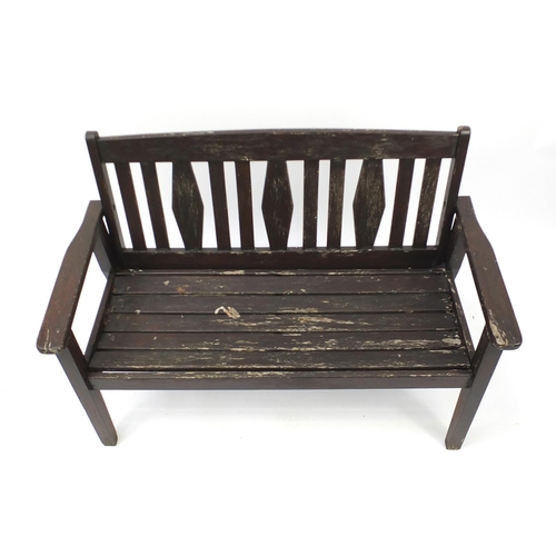 191 - Teak garden bench with coffee table, the bench 27cm in length