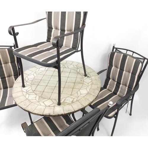 3 - Stone mosaic garden table with four chairs, the table with Sun Garden label, 74cm high x 100cm in di... 