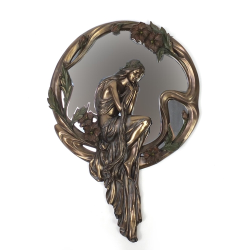 2127 - Art Nouveau style bronzed maiden design wall mirror, 71cm high
