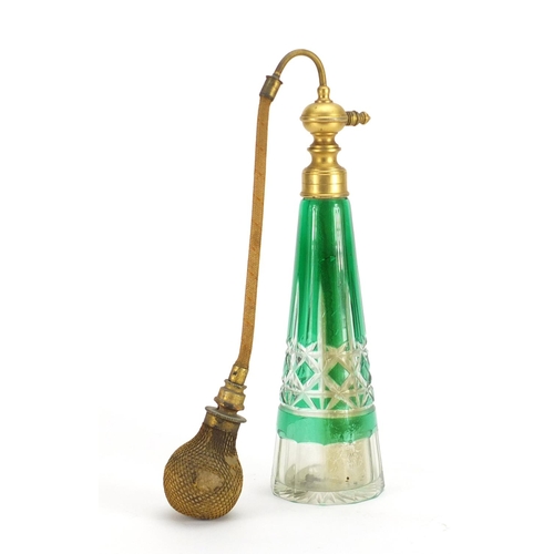 2232 - Victorian green flashed cut glass atomiser with gilt metal mounts, 31cm high