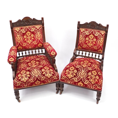 2081 - Edwardian carved mahogany salon suite comprising chaise lounge, gentleman's chair and ladies chair w... 