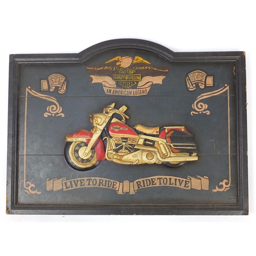 2169 - Harley Davidson Live to Ride, hand painted carved wood plaque, 82cm x 60cm