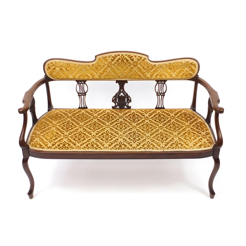 2038 - Edwardian mahogany salon settee with gold floral upholstery, 122cm wide