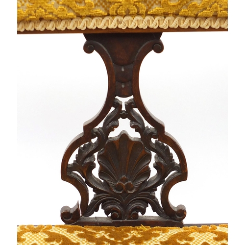 2038 - Edwardian mahogany salon settee with gold floral upholstery, 122cm wide
