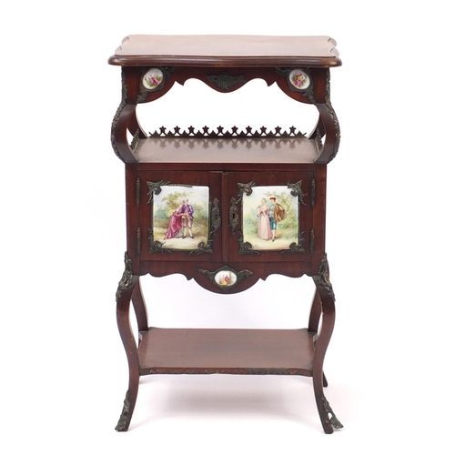 2082 - French style mahogany side cabinet with Sevres style porcelain panels and brass mounts, 76cm H x 44c... 