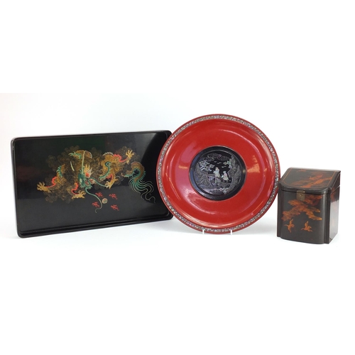 2309 - Oriental lacquer including a Japanese tea caddy decorated with birds of paradise and a dragon tray, ... 