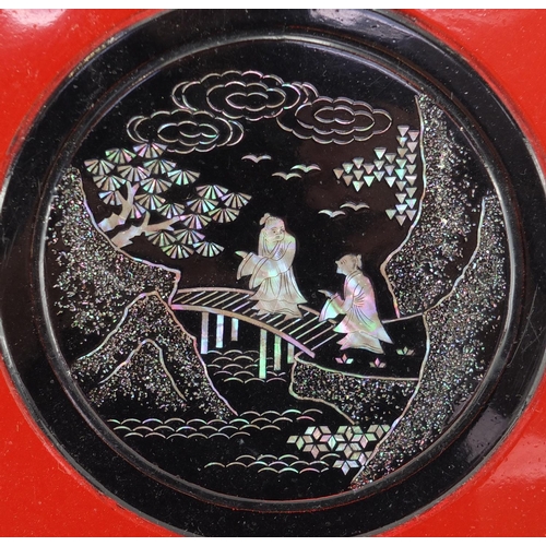 2309 - Oriental lacquer including a Japanese tea caddy decorated with birds of paradise and a dragon tray, ... 