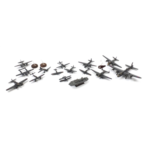 2430 - Collection of scratch built model aeroplanes and a ship, some with stands
