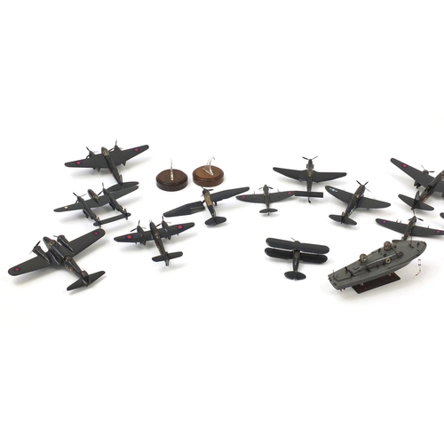 2430 - Collection of scratch built model aeroplanes and a ship, some with stands