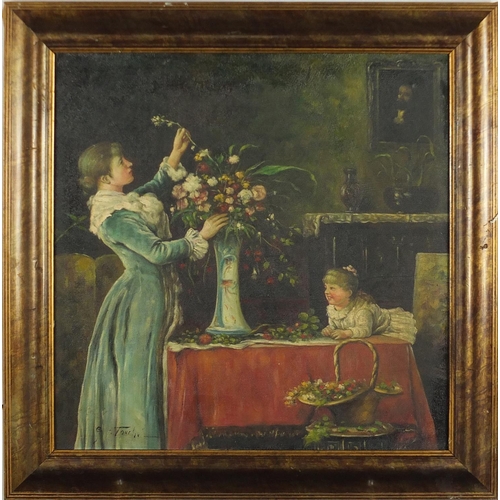 2313 - Mother and child in an interior with flowers, Italian school oil on board, bearing a signature G La ... 