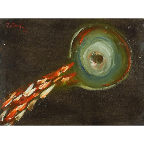 2226 - Abstract composition, oil on card laid on board, bearing a signature T Frost, framed, 30.5cm x 23cm