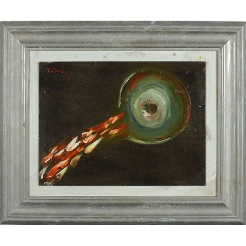 2226 - Abstract composition, oil on card laid on board, bearing a signature T Frost, framed, 30.5cm x 23cm