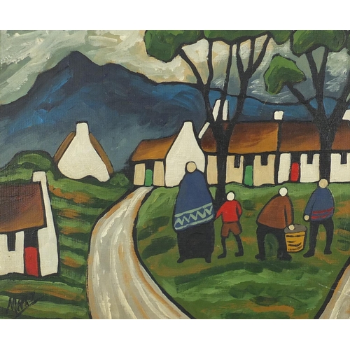 2223 - Figures and buildings before mountains, Irish school oil on board, bearing a signature Markey, frame... 