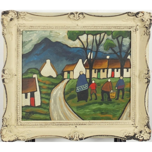 2223 - Figures and buildings before mountains, Irish school oil on board, bearing a signature Markey, frame... 