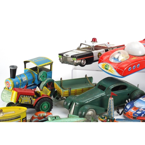 2441 - Vintage and later mostly tin plate toys including Tri-ang pond yacht and vehicles
