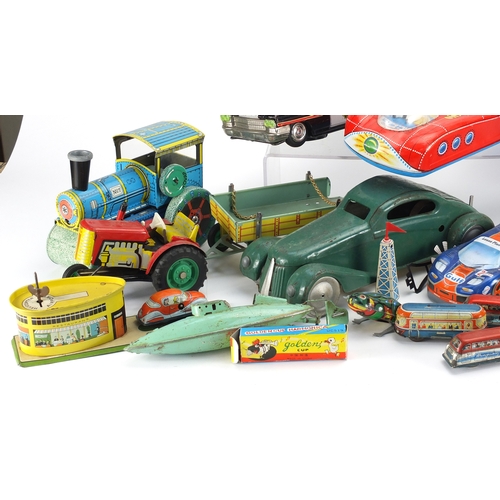 2441 - Vintage and later mostly tin plate toys including Tri-ang pond yacht and vehicles
