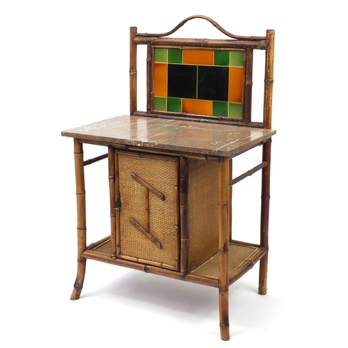 2088 - Aesthetic bamboo wash stand with tiled back and marble top above a cupboard, 121cm H x 77cm W x 49cm... 